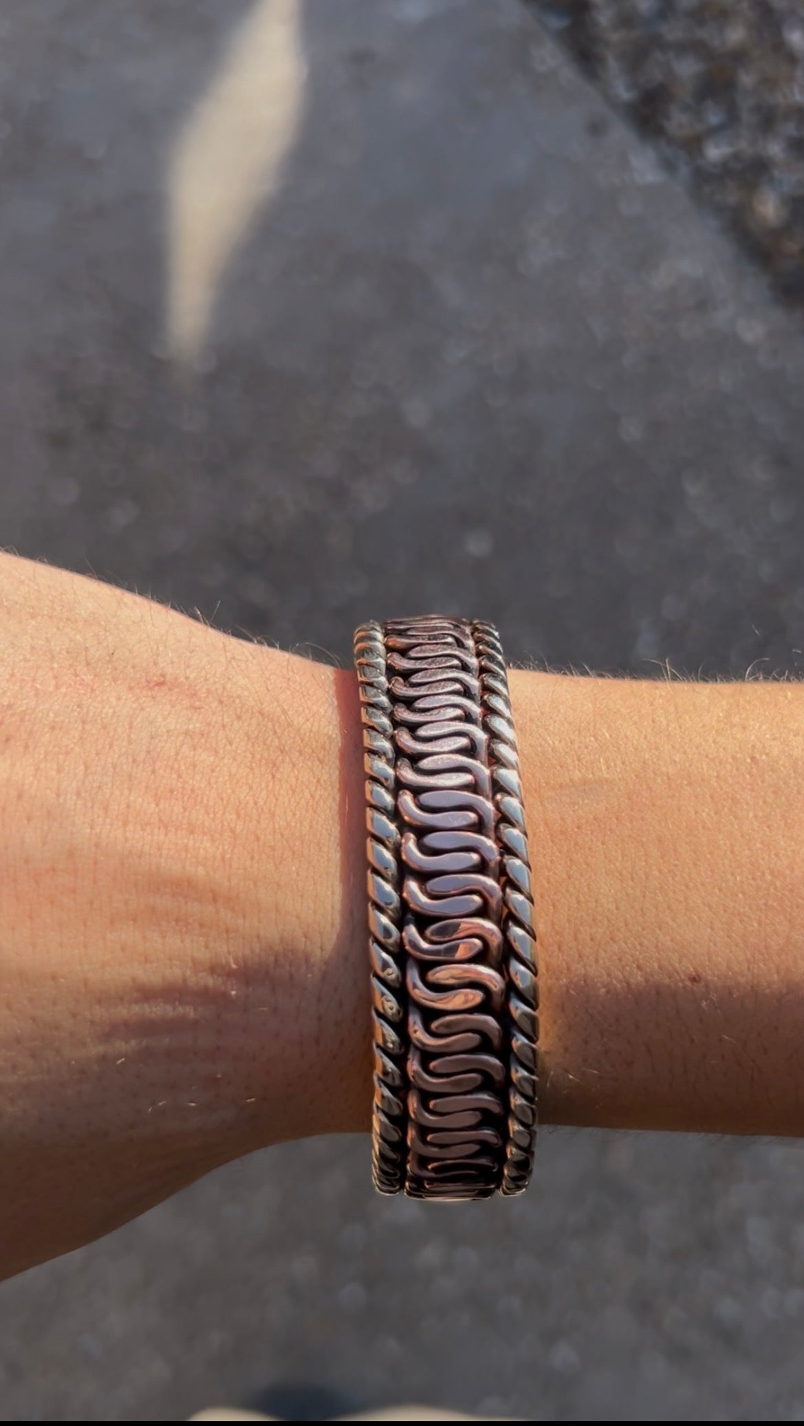 The Pharaohs Cuff: Pure copper zipper weave, Bronze rope sides & caps