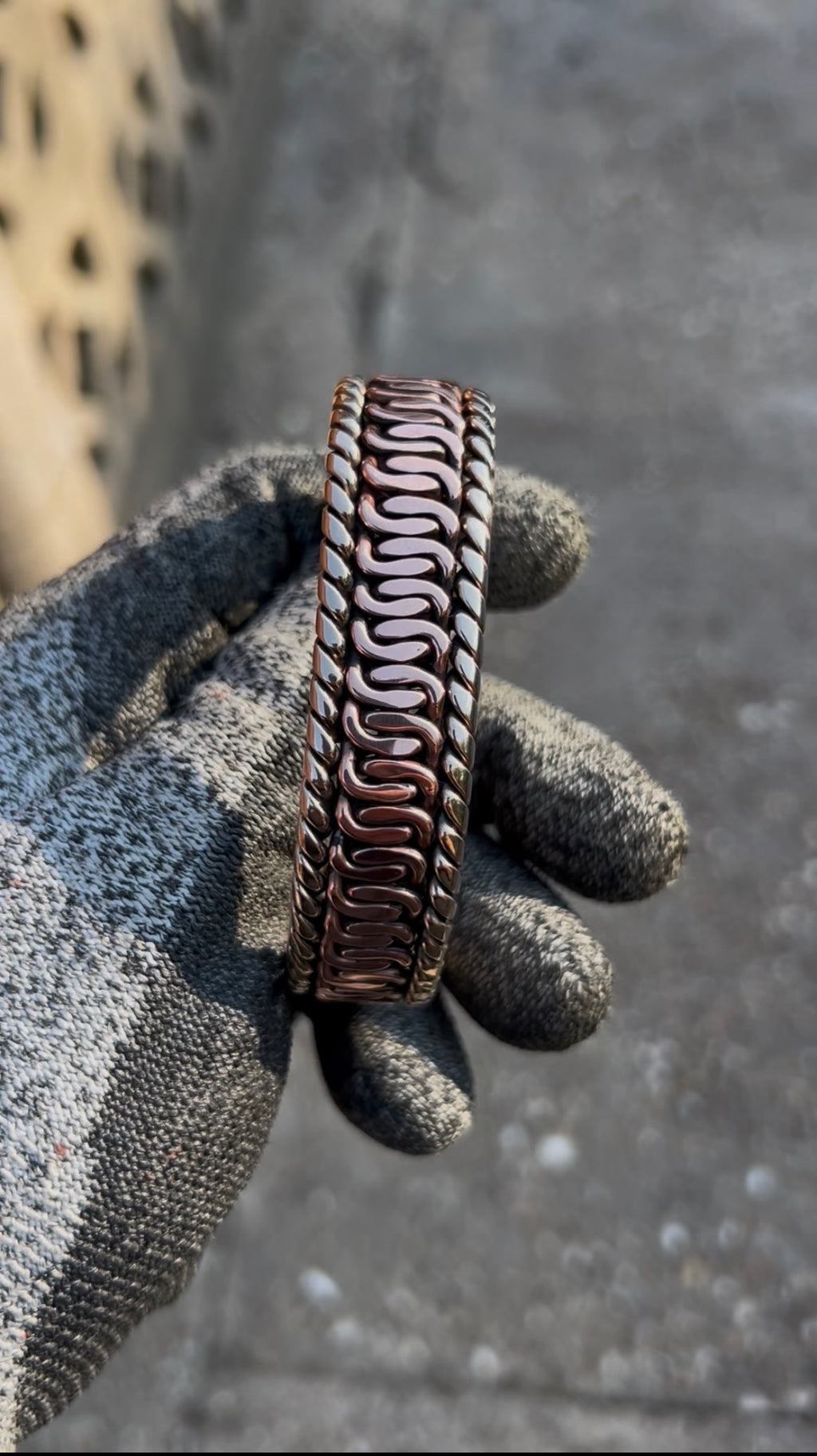 The Pharaohs Cuff: Pure copper zipper weave, Bronze rope sides & caps