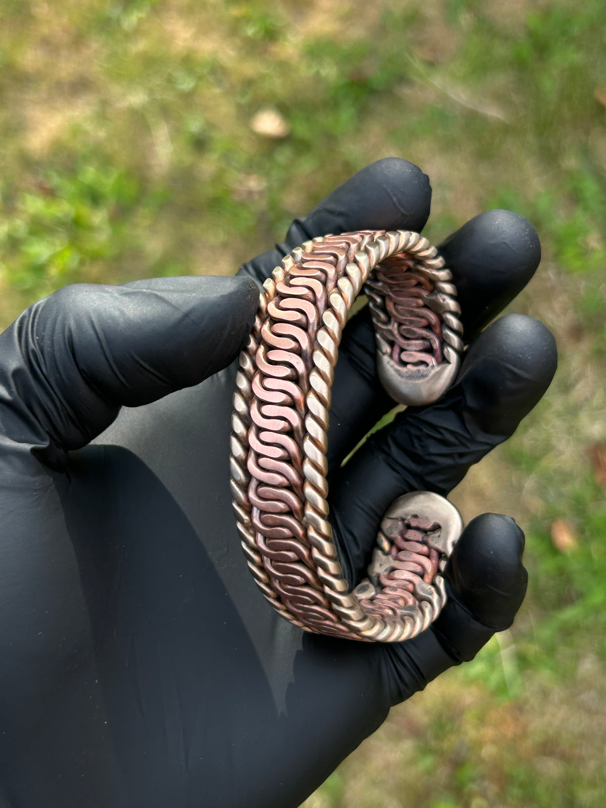 The Pharaohs Cuff: Pure copper zipper weave with Bronze rope sides & caps