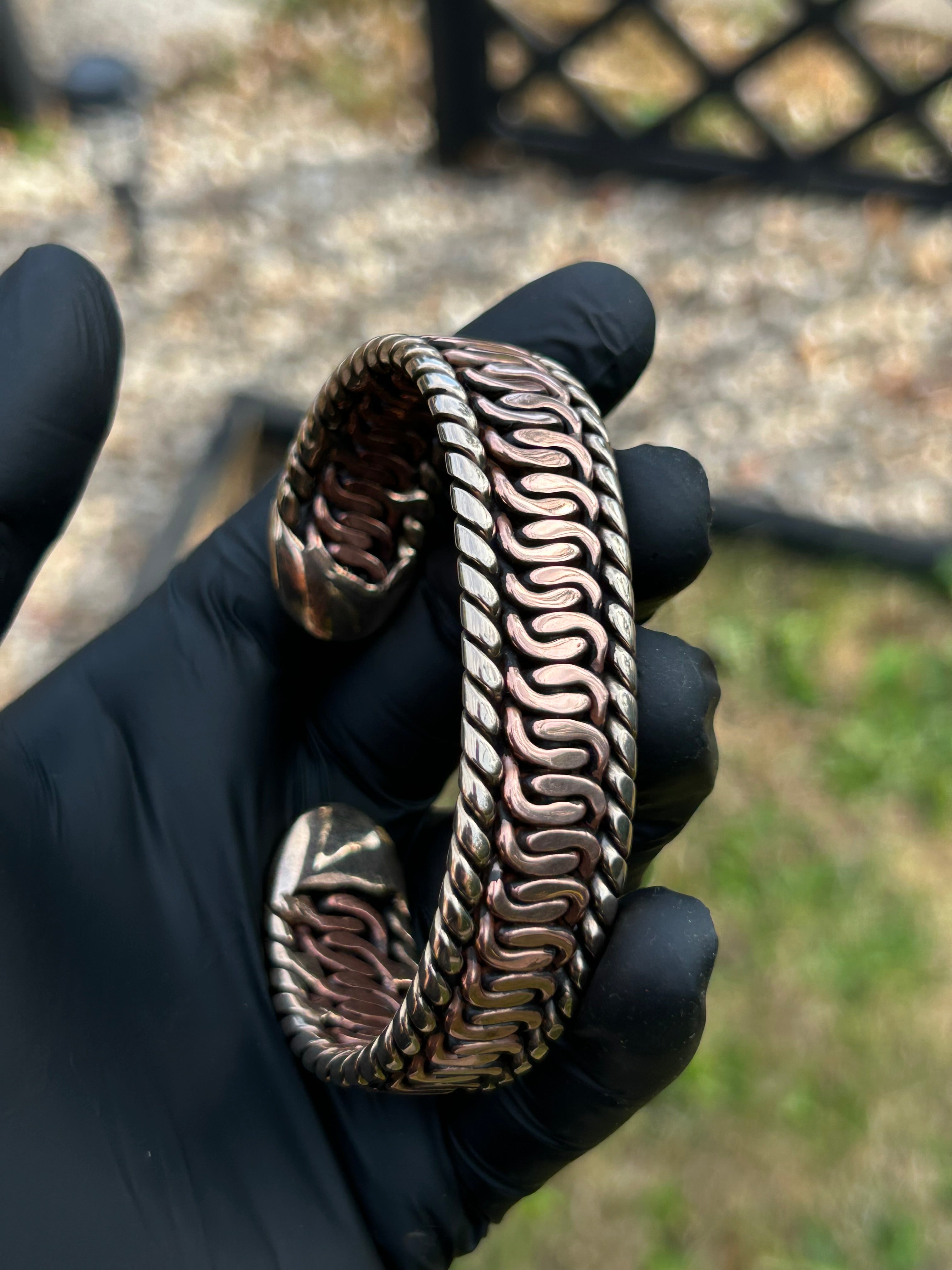 The Pharaohs Cuff: Pure copper zipper weave with Bronze rope sides & caps