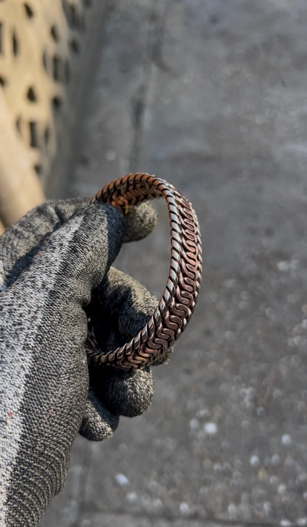 The Pharaohs Cuff: Pure copper zipper weave, Bronze rope sides & caps